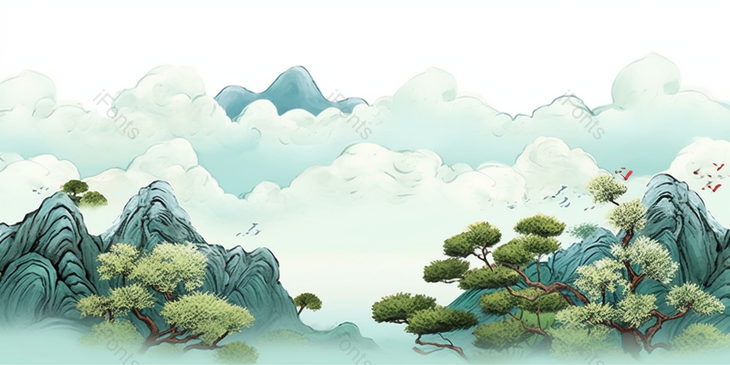 国潮风山水祥云松树迎客松树木植物云雾环绕群山古风插画,插画/手绘图,插画/手绘图库,插画/手绘图下载,插画/手绘